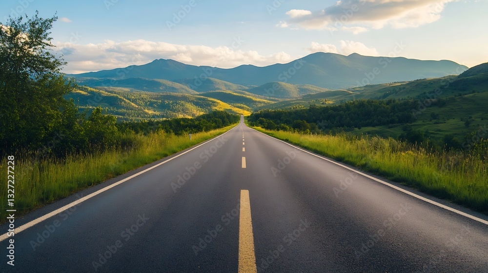 Aufkleber endless highway stretching through green valleys and rolling mountains under a bright sky : generati