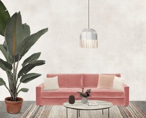 Modern living room interior with blush sofa, plant, and pendant light