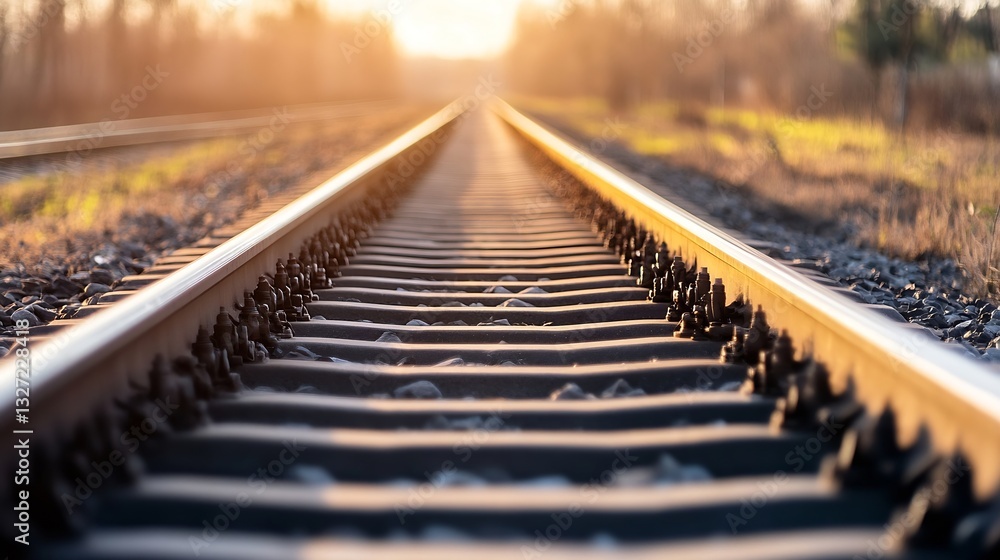 Poster sunset illuminated railway tracks stretching into the horizon with beautiful lighting : generative a