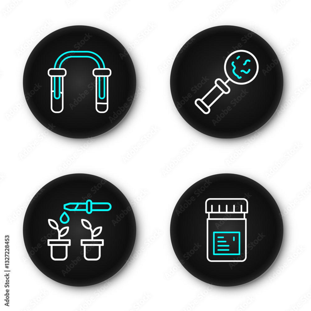 Poster set line jar with additives, pipette and plant, microorganisms under magnifier and test tube flask i