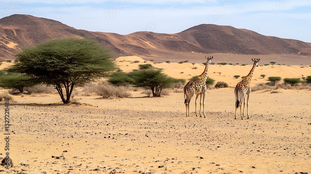 Poster two giraffes standing gracefully in a dry savannah with mountains in the background : generative ai