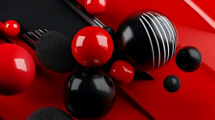 Red and Black Abstract 3D Render: Geometric Sphere Composition AI Generated