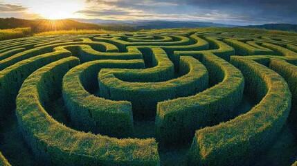 Naklejka premium Lush green maze at sunset, winding paths, scenic landscape