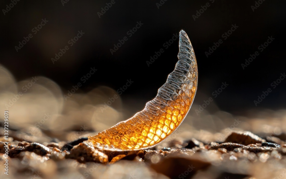 Poster close-up of a translucent, amber-colored scale on a dark background of small pebbles. the scale is i