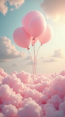 Balloons Rise Above Fluffy Pink Clouds During a Serene Sunset