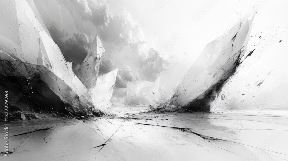 Poster Abstract grayscale landscape; jagged ice forms, cloudy sky.  Possible use Background image