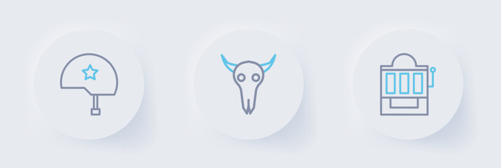 Set line Slot machine, Buffalo skull and Military helmet icon. Vector