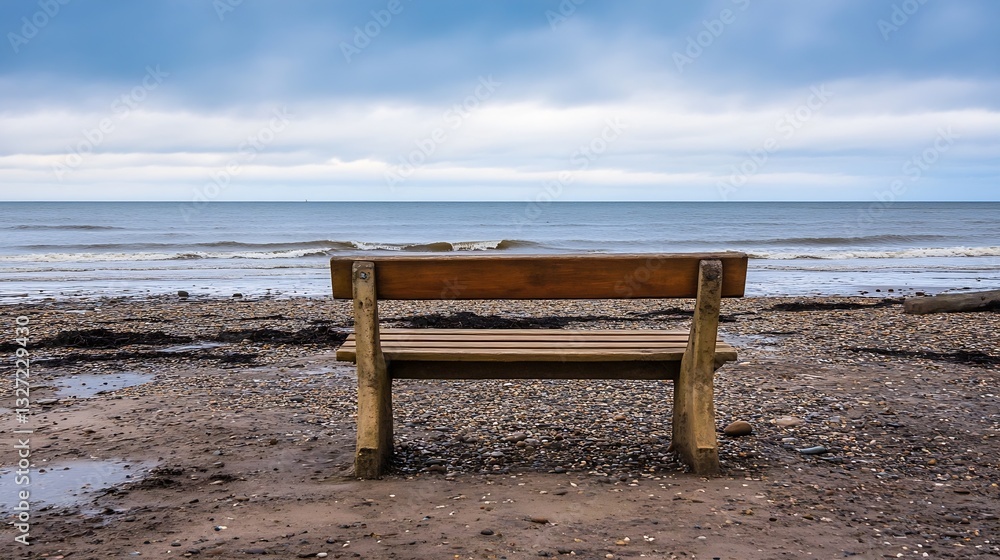 Aufkleber Empty rustic wooden bench facing a calm beach with cloudy skies and tranquil waves creating a serene atmosphere : Generative AI