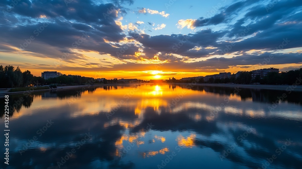Aufkleber breathtaking sunset over calm river with reflections on water creating a picturesque evening view : 