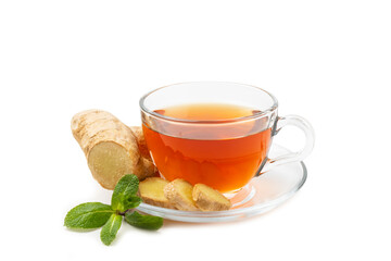 Cup of hot ginger tea with slices of ginger root isolated on white background. Warming drink. Alternative medicine. Tea with honey, lemon, ginger and mint. Space for text. Copy space