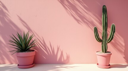 Vibrant Green Plants Against a Soft Pink Wall in a Bright Indoor Setting