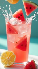 Refreshing Watermelon Lemonade With Ice and Fruit Splashes on a Sunny Day