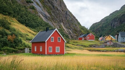 Red Norwegian mountain village houses
