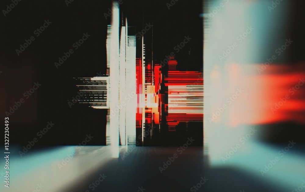 Poster abstract digital art featuring red, white, and blue glitch effects, creating a dynamic and energetic