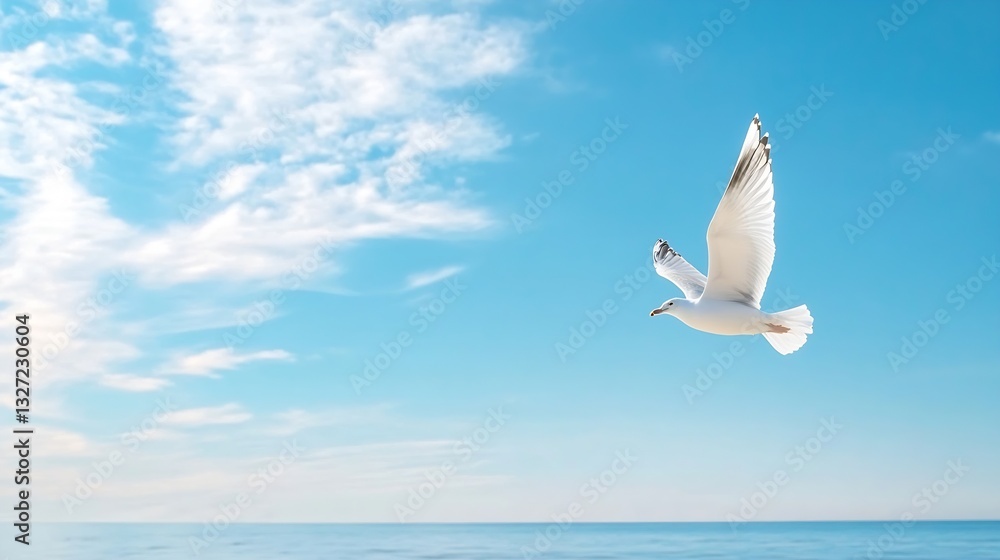 Poster Seagull in Flight Over the Calm Ocean with Blue Sky in Background : Generative AI