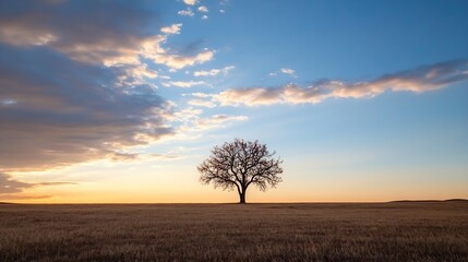 Fototapeta premium Lonely Tree on Open Field at Sunset with Colorful Clouds and Evening Light : Generative AI