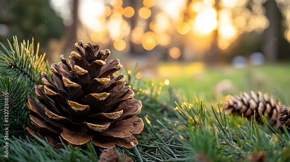 Poster closeup view of pine cone resting on soft green grass illuminated by soft sunset light : generative 