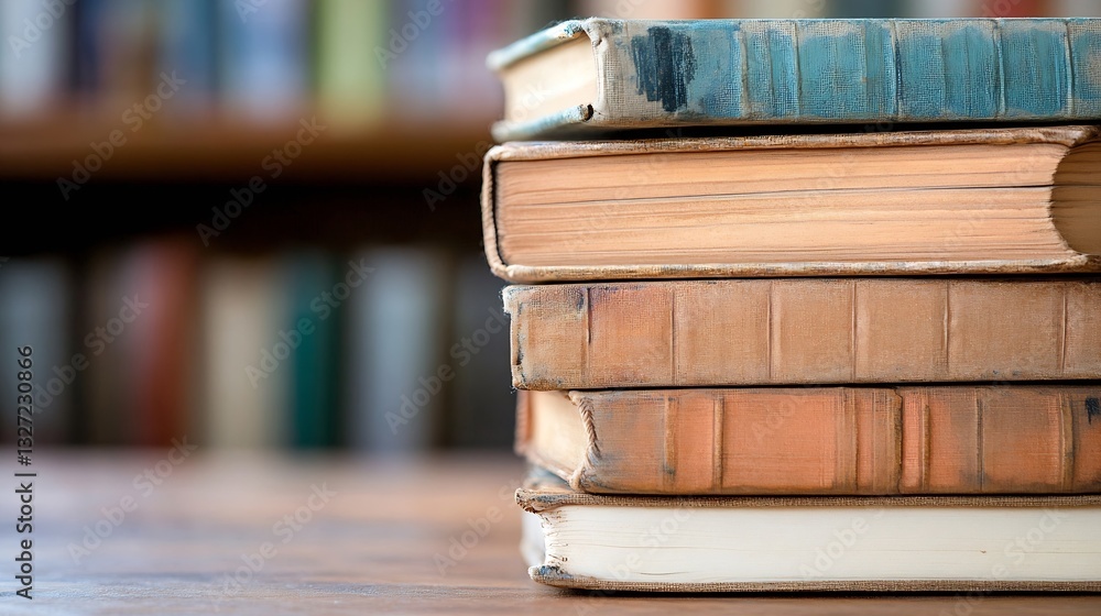 Poster stack of vintage books with worn covers symbolizing knowledge and history in a library : generative 