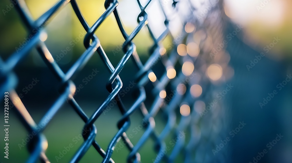 Poster Closeup of a metallic chain link fence with beautiful bokeh and soft natural light in the background : Generative AI