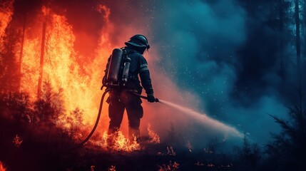 A firefighter sprays water at a raging wildfire, working against the backdrop of flames and thick smoke, highlighting the urgency and intensity of forest fire suppression.