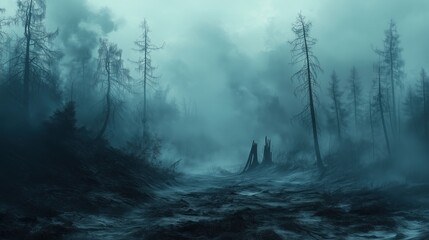 Fototapeta premium A foggy, burnt forest landscape following a wildfire, with charred trees and a somber atmosphere highlighting the destructive aftermath of forest fires.