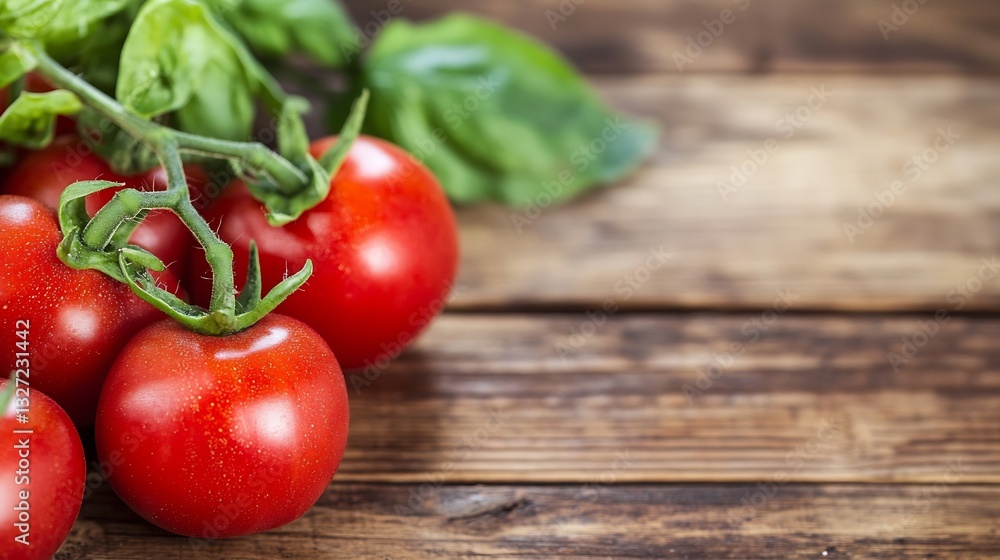 Poster fresh ripe tomatoes surrounded by green basil leaves on a rustic wooden table creating a vibrant org