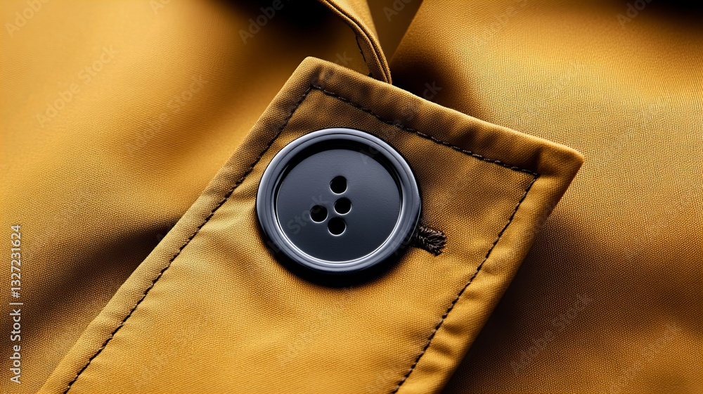 Poster close-up of a four-hole button on a mustard-yellow coat. the button is black and the stitching is vi