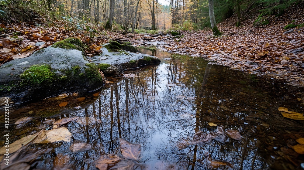 Poster serene autumn landscape with reflections in a calm stream surrounded by colorful foliage : generativ