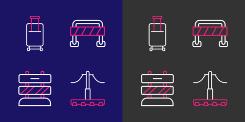 Set line Railway, End of railway tracks, Road barrier and Suitcase icon. Vector