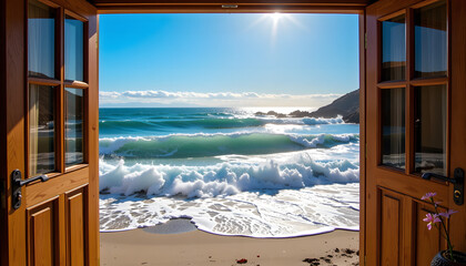 Open door to beach with ocean waves and bright mood under sunny sky