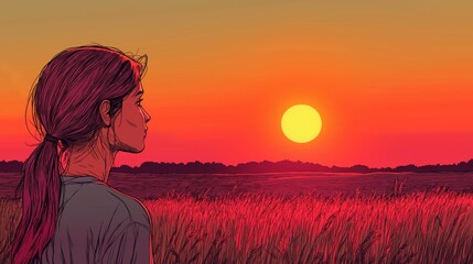 A cartoon girl gazes at the sunset, surrounded by a vibrant field. The bright colors of the sky reflect a sense of wonder, inspiration, and hope for the future.