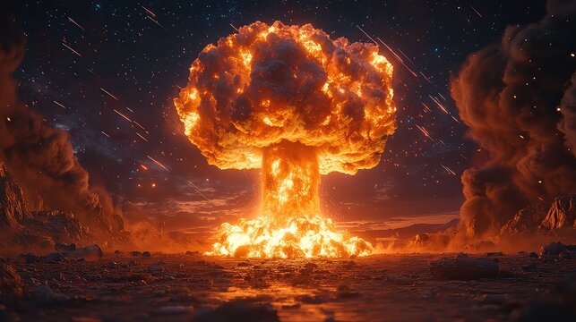 Devastating Nuclear Explosion Mushroom Cloud Rising Over Desolate Landscape with Falling Meteorites Night Scene