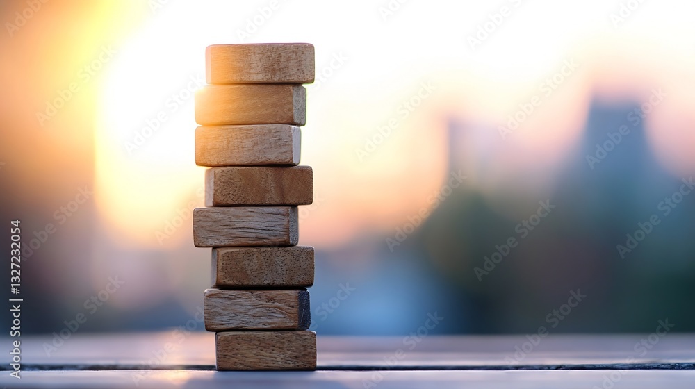 Aufkleber Tower of wooden blocks stacked carefully on a table with a blurred sunset background creating a soft glow : Generative AI