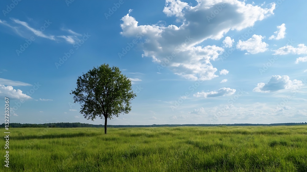 Poster Isolated Green Tree Standing Tall in a Vast Open Field Under a Clear Blue Sky : Generative AI