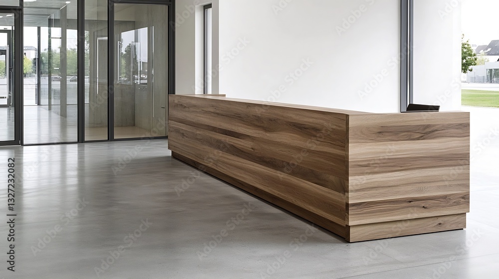 Poster sleek wooden reception desk in a modern office space with large glass windows : generative ai