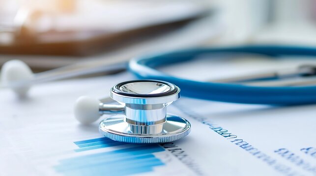 Close up of a stethoscope resting on a financial report showcasing health care analytics and graphs : Generative AI