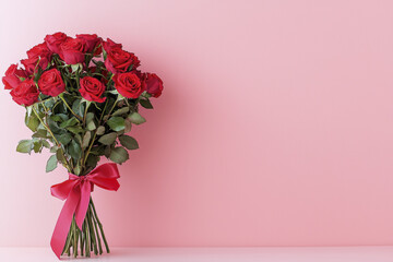 Naklejka premium bouquet of red roses tied with pink ribbon against soft pink background, symbolizing love and romance
