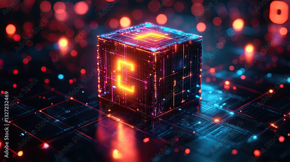 Poster glowing cube, digital circuit, futuristic tech