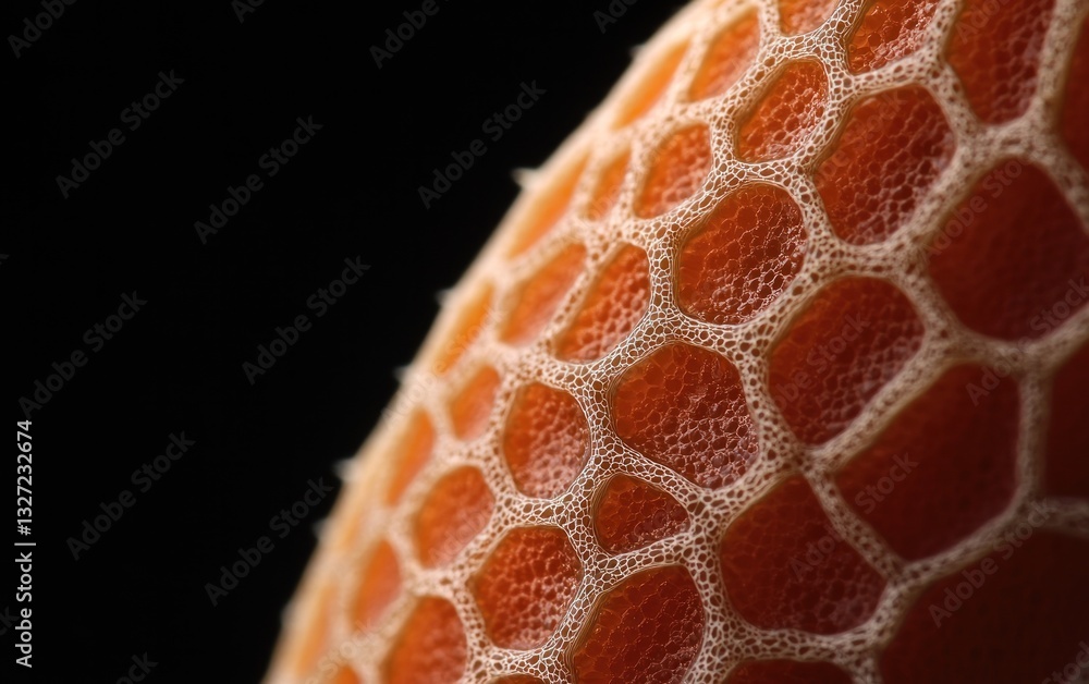 Poster close-up of an orange, textured surface with a honeycomb-like pattern. the surface is glistening, an