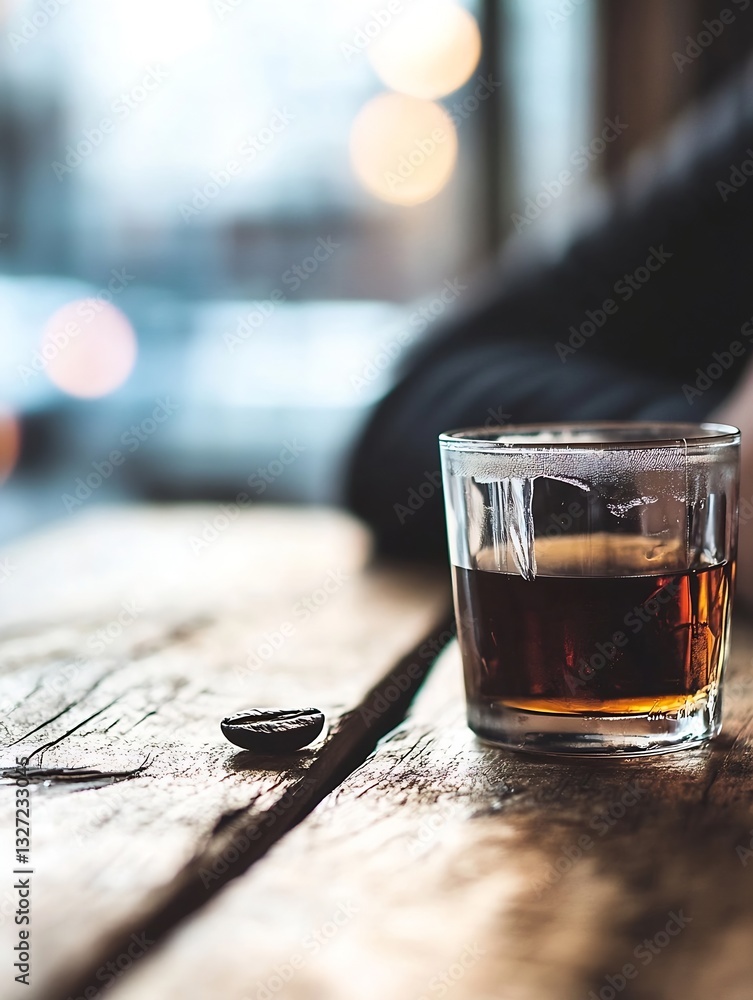 Poster enjoyment captured in a glass of rich brown liquor resting on a rustic wooden table with a cozy ambi