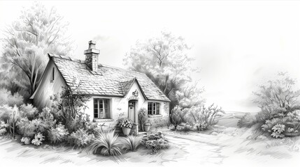 A charming, sketched cottage nestled in nature, surrounded by lush greenery.