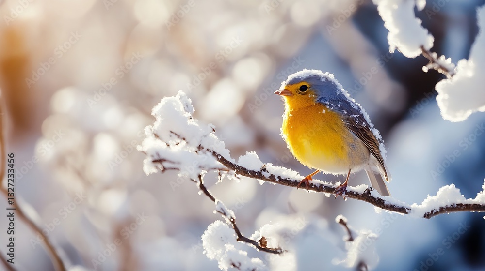 Poster beautiful little bird perched on a snowy branch against a blurred background of winter scenery : gen