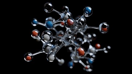 Abstract molecular structure with glass spheres on a black background