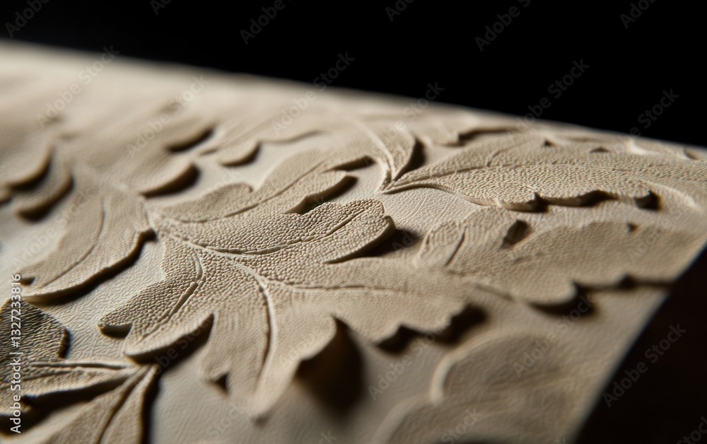 Poster close-up view of beige embossed wallpaper with leaf pattern. texture is heavily emphasized. dark bac