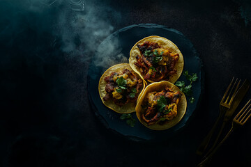Moody flat lay of pork carnitas tacos with metallic accents
