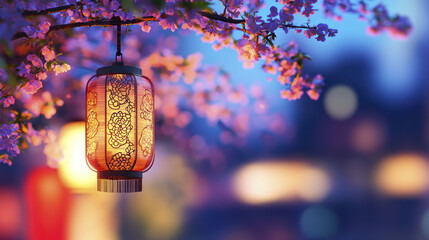 beautiful lantern hanging among cherry blossoms, illuminated at dusk, creating serene atmosphere