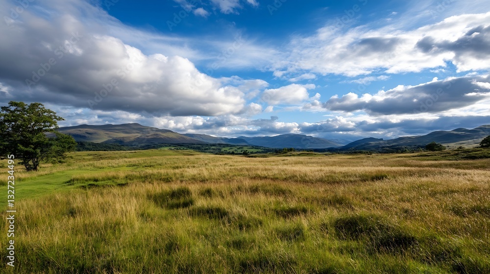 Poster expansive open field under a dramatic sky with clouds and rolling hills : generative ai