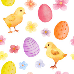 Watercolor Easter illustration. Bright seamless pattern of chick, colored eggs, flowers.