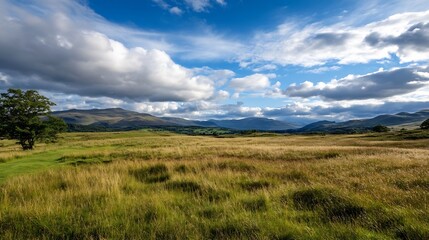 Obraz premium Expansive Open Field Under a Dramatic Sky with Clouds and Rolling Hills : Generative AI