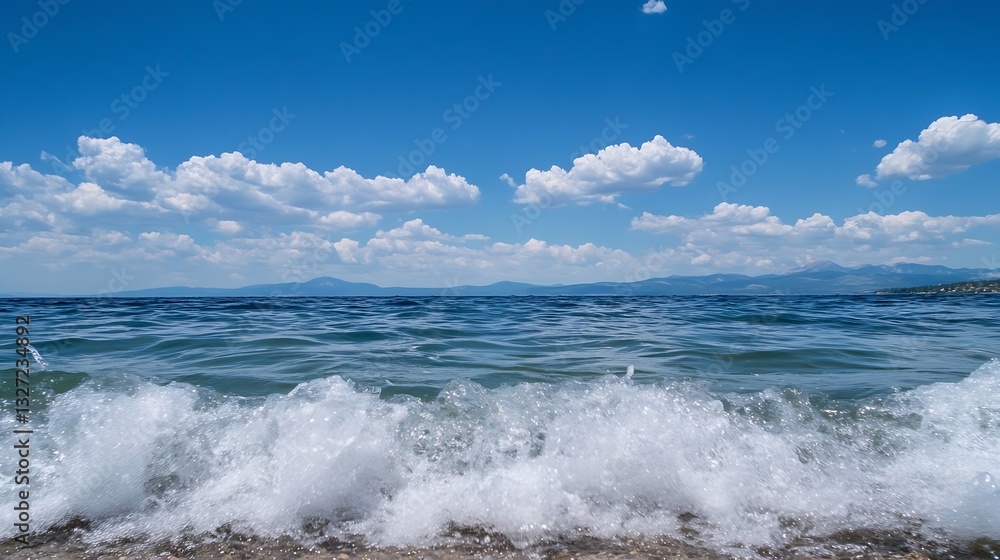 Poster impressive view of ocean waves crashing against the shore under a bright blue sky : generative ai